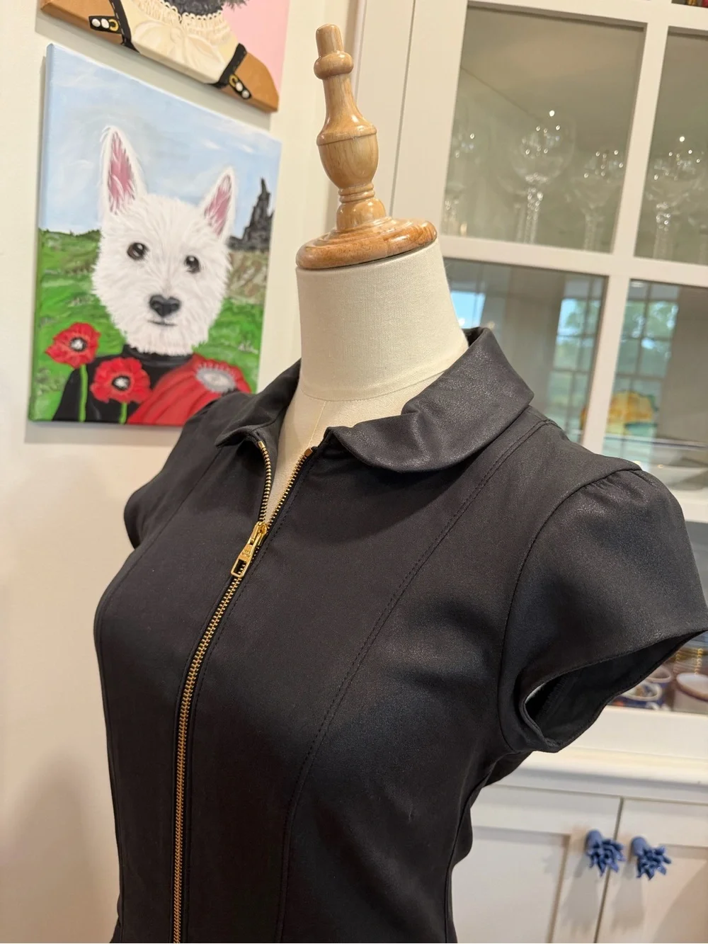 Louis Vuitton Black Short-Sleeve Zip-Front Mini Dress with Gold Accents